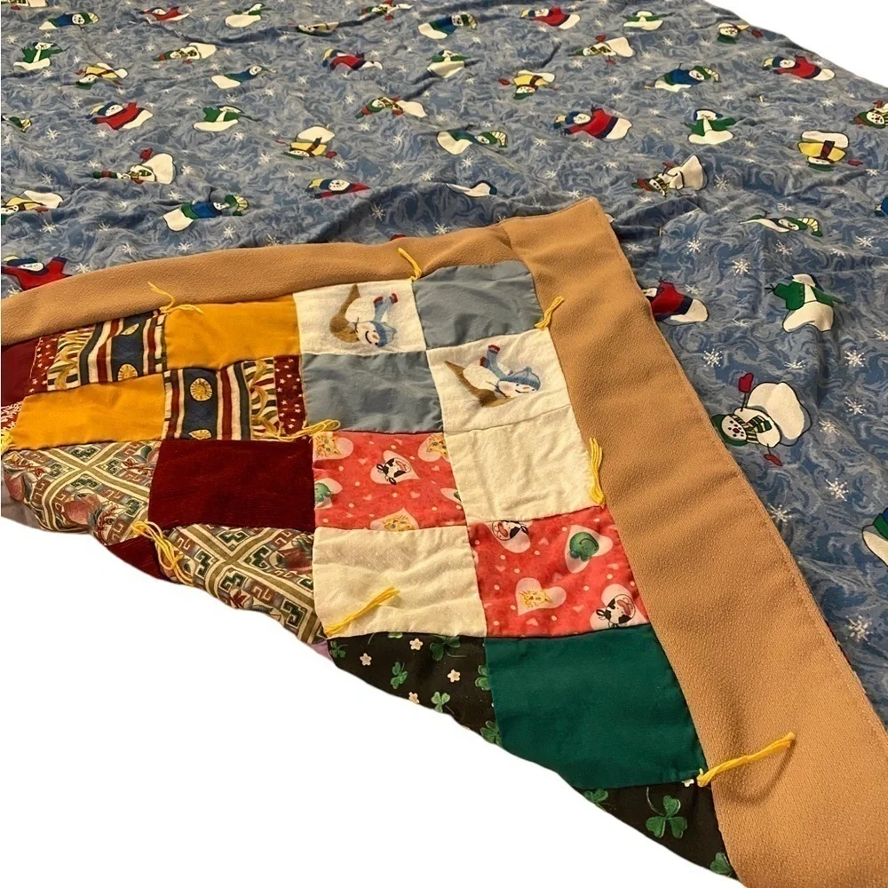 Patchwork Tied Cottagecore Quilt w/a Winter Blue Snowman Scene on Backside